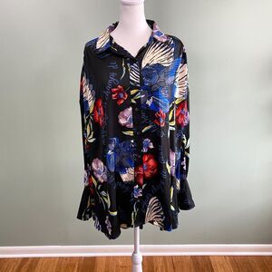 Free People Silky Nights Tunic Blouse Floral Oversized Top Button Up Medium